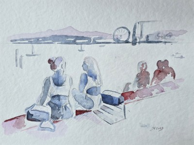 Aquarellbild mit  2 Frauen am Rheinufer sitzend